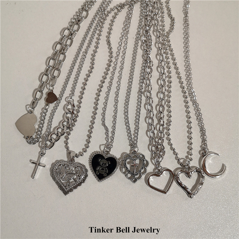 Kpop Goth Silver Color Heart Cross Pendant Chain Necklace Fo - 实物图