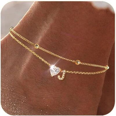 Ankle Bracelets for Women Waterproof 14K Gold Plated CZ Init