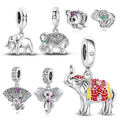Sterling Silver 925 Zirconium&Colorful Elephant Dangle Charm