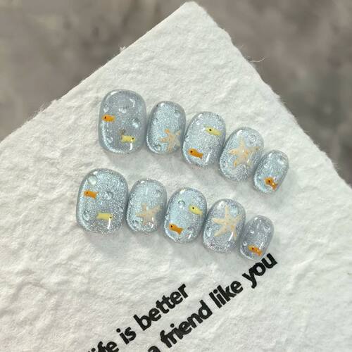 10pcs/set Handmade Press-On Nails - Blue Glossy Fish & Bubbl