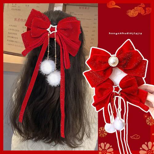 Red Golden Bow Hair Ornament Christmas  Year Accessories Hai