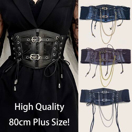 Lace Corset Punk Black Wide Belt With Chain Pu Leather Slimm