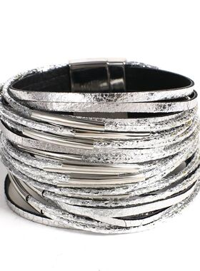 Trendy Metal Tube Leather Bracelet for Women Men Chunky Glit