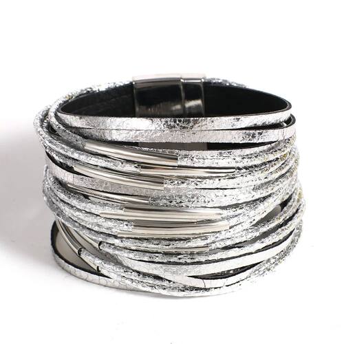 Trendy Metal Tube Leather Bracelet for Women Men Chunky Glit