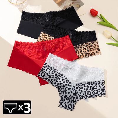 Women's 3 Pieces Panties Sexy Leopard Lace Lingerie Woman Un