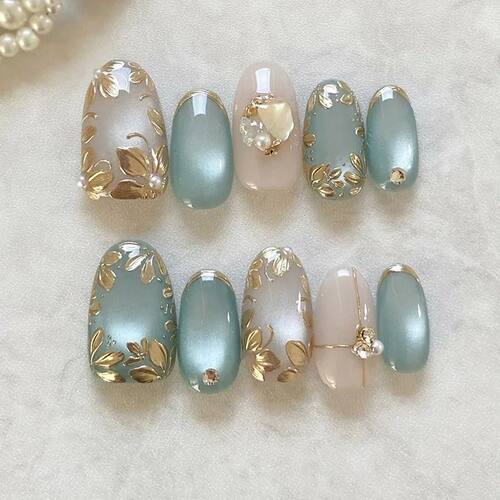 24pcs Pink Almond Press on Nails Flower Pattern False Nails