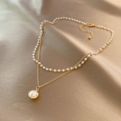 New Women's Pearl Necklace Kpop Gold Color Beads Pendant Nec