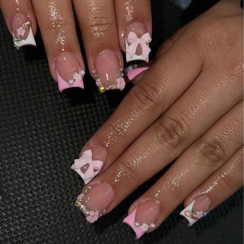24Pcs French Pink Press on Nails Short Square Head Fake Nail