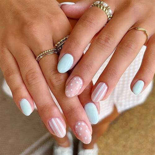 Cute Striped Polka Dot Blue Summer Pure Color Nail Art Chic