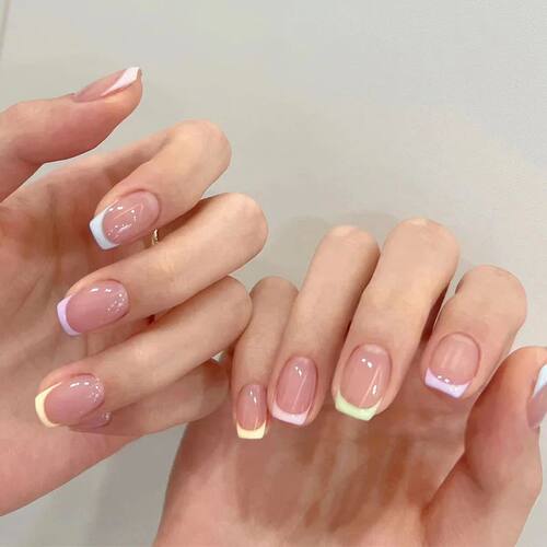 Square Press On Nails Short Fake Nails French Tip Colorful G