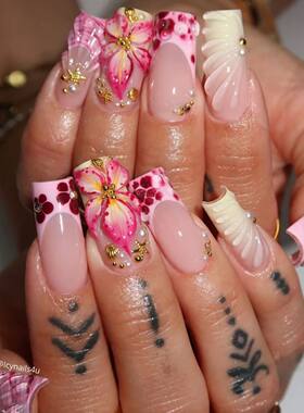 24PCS Spice Girls False Nails Sweet Cool 3D Pink Flowers wit