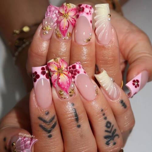 24PCS Spice Girls False Nails Sweet Cool 3D Pink Flowers wit
