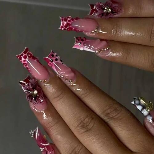 24pcs Pink Leopard Print Press on Nails Square False Nail Di