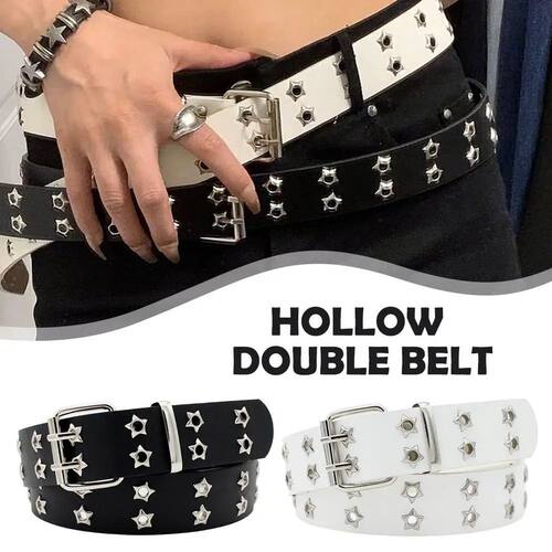 Y2K Punk Rivet Leather Belts  Star PU Black White Waist Stra