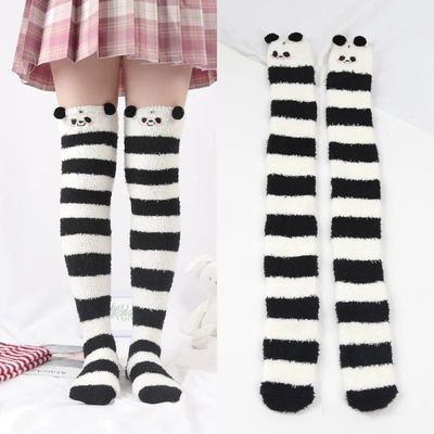 Women Girl Cute Winter Striped Coral Velvet Long Socks Warm