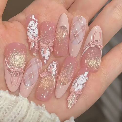 10Pcs French Cat Eye Handmade Press on Nails Pink Bow Fake N
