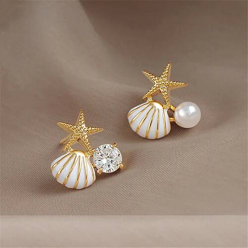 White Pink Shell Starfish Stud Earrings for Women Cute Asymm