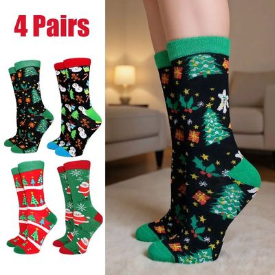 4 Pairs Winter Women Christmas Socks Santa Claus XMAS Long M