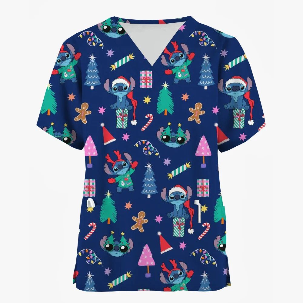 Nurse Uniforms Women Merry Christmas Print Short Sleeve Stit