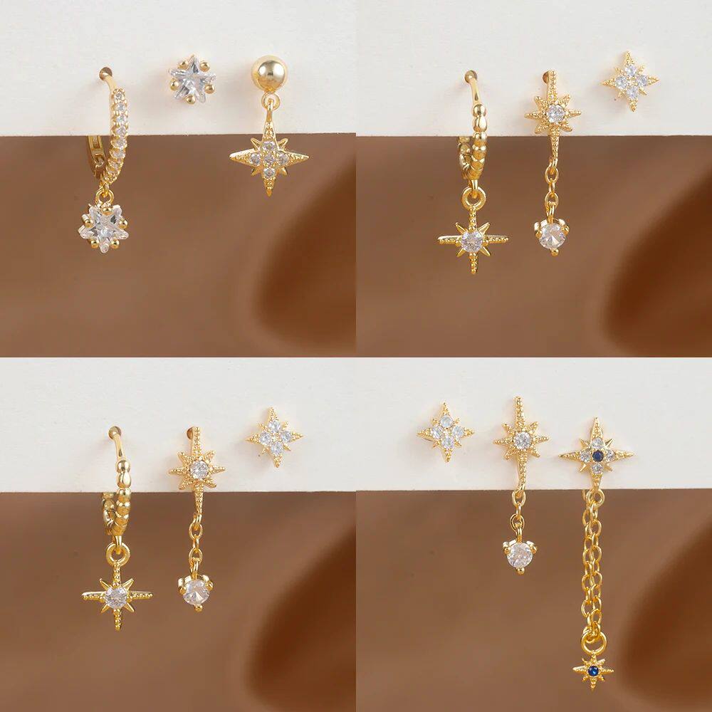 3PCS Gold Color Star Earrings Set for Women Zircon Pendant S