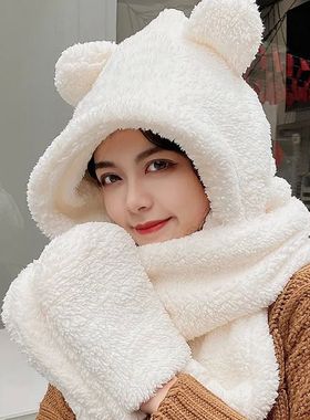 New Cute Bear Ear Hat Scarf Gloves Set Winter Women Beanies