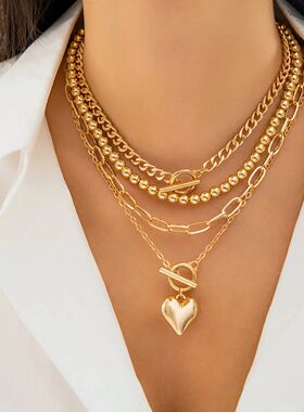 PuRui Multilayer CCB Heart Charm Choker for Women Link Chain