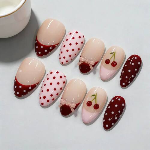 30Pcs Fake Nails Sweet Pink French Polka Dots Bows and Playf