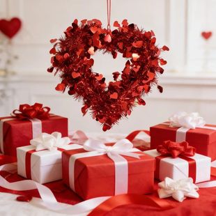 1pc Valentine Heart Wreaths for Front Door, 14 Inch with Hea