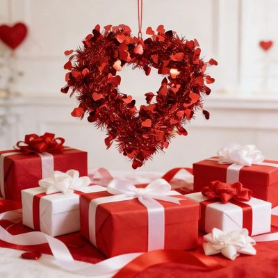 1pc Valentine Heart Wreaths for Front Door, 14 Inch with Hea