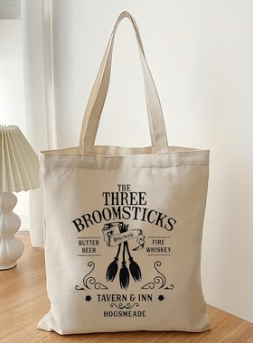 Double-sided Three Broomsticks Printed Canvas Bag Large Capa