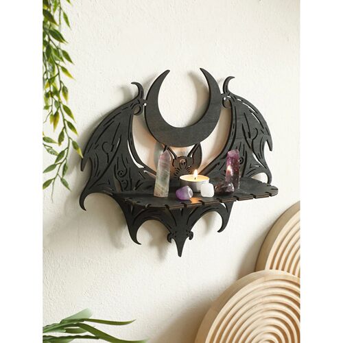 Black Halloween Wooden Wall Shelf Gothic Bat Moon Hollow Pat