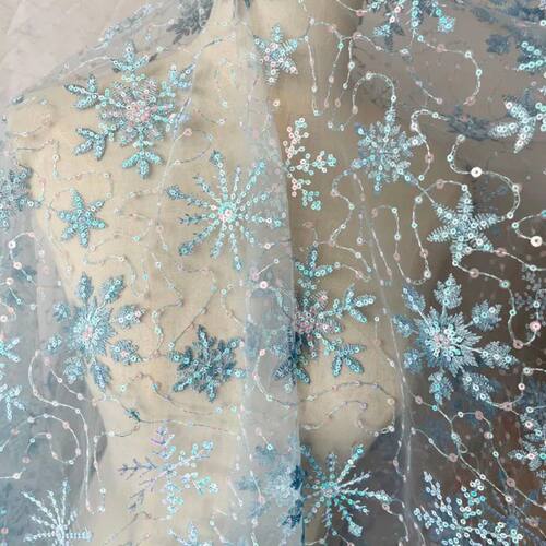 3/5/10yard Blue Snowflake Sequin Embroidered Tulle Fabric Me