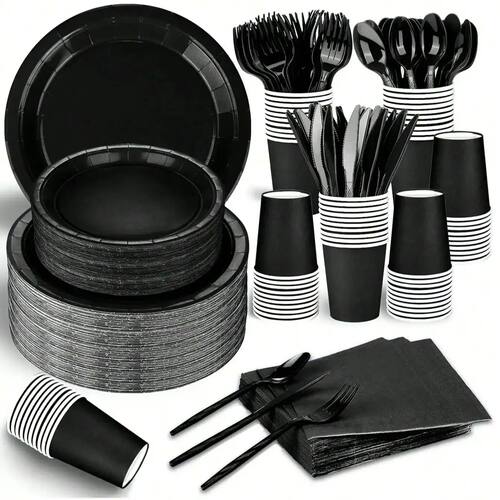 Black Party Supplies Set Include Paper Plastic Spoons Forks