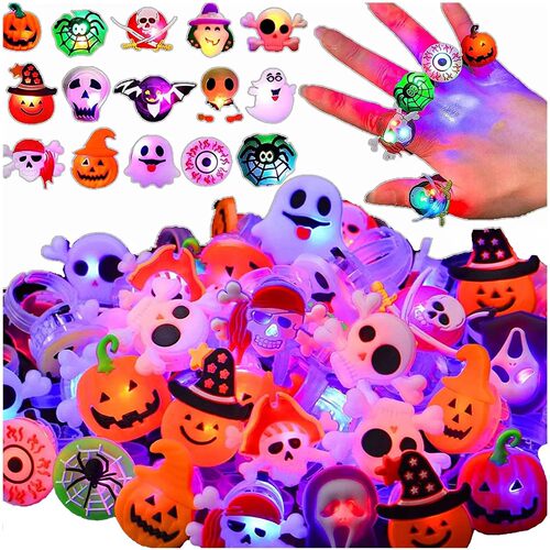 20/50pc Halloween LED Light Up Rings Toys Horror Pumpkin Gho