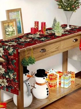 1pc Elegant Red Christmas Table Runner with Poettia, Bells &