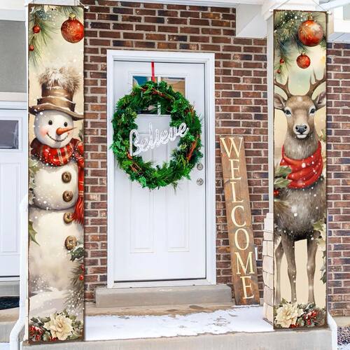 Merry Christmas Snowman Deer Door Banner Xmas Holiday Welcom