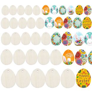 50pcs Unfinished Easter Wooden Eggs With Ropes Home Blank Pe