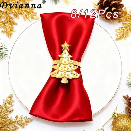 8/12Pcs Christmas Tree Napkin Rings Metal Gold Silver Rose G