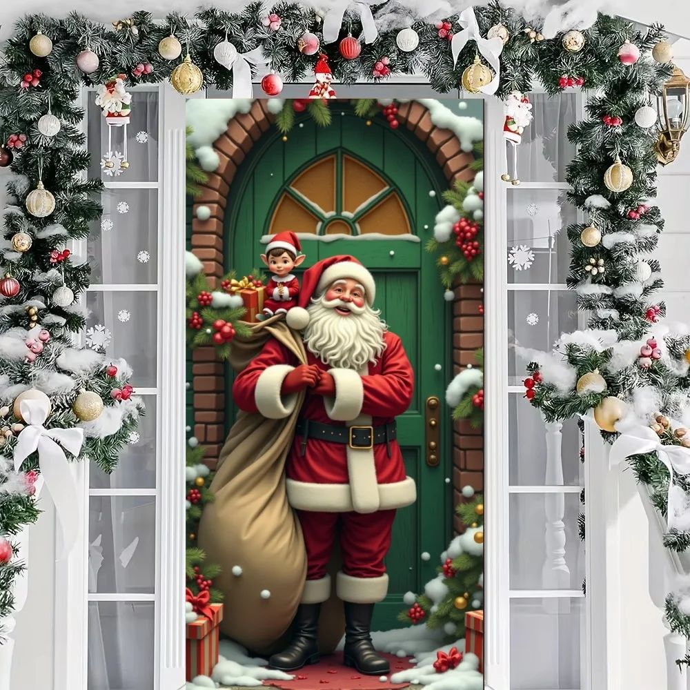 Christmas Door Cover Decorations Santa Claus and Puppy Backg