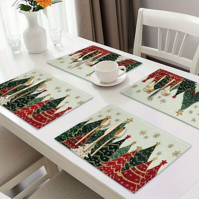 4/6/8/10Pcs Christmas Tree Printed Placemats, Washable Kitch