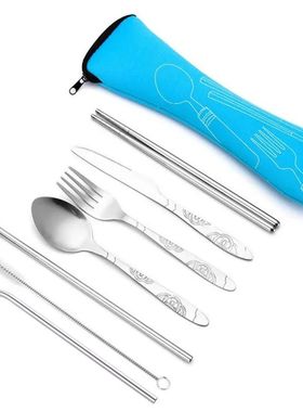 7pcs/ Set Stainless Steel Tableware Set Outdoor Portable Clo
