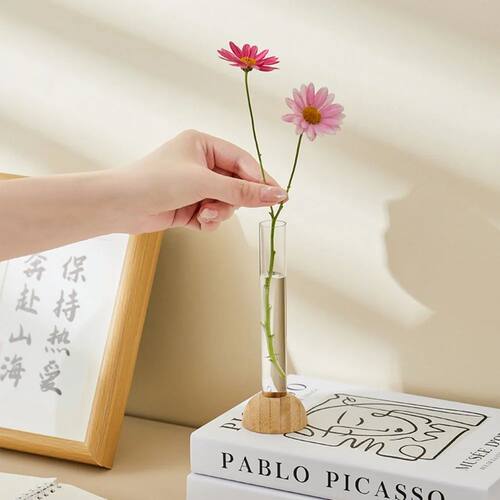 Plastic Test Tube Clear Vase with Bamboo Base Space-Saving T