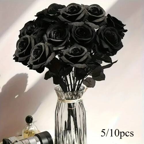 5/10pcs Artificial Black Roses for Home Decor, Long Stem Fak