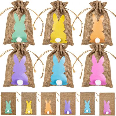 6/12/24pcs Easter Burlap Candy Bags Bunny Pattern Jute Linen