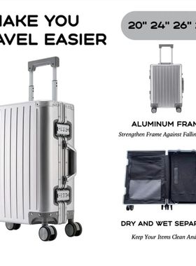 Large Capacity Durable Luggage for Men and Women, Aluminum,