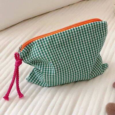 New Women Plaid Makeup Bag Large Capacity Cotton Zipper Pouc