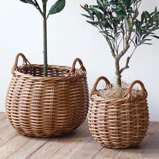 北欧仿藤编花盆编织落地大花篮手提篮客厅阳台商场橱窗装饰绿植盆