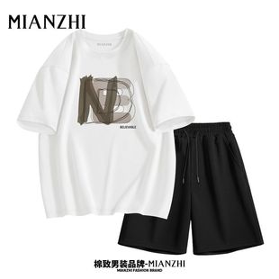 短袖 男士 T恤运动简约套装 五分裤 子上衣 棉致潮流夏装 ins宽松裤 新款