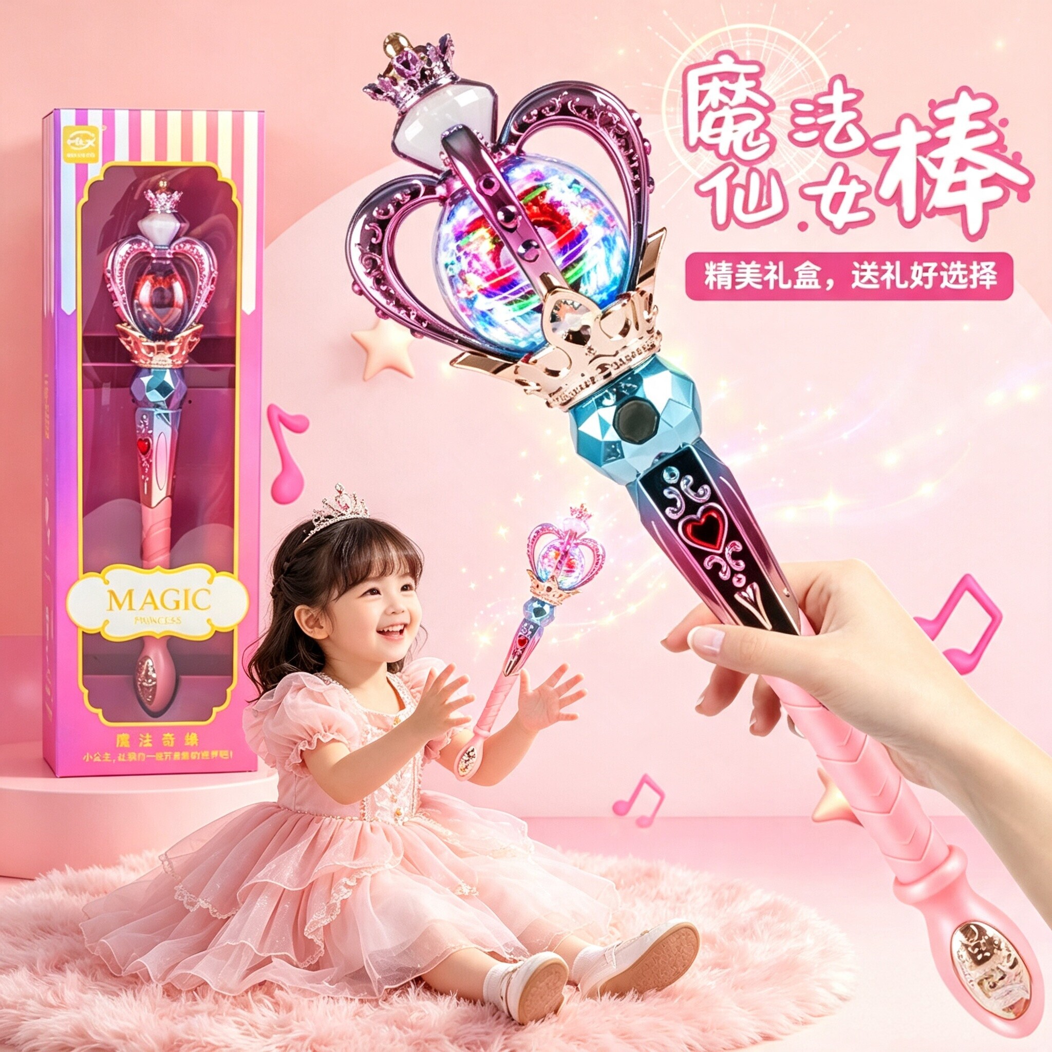 魔法棒女童发光夜闪玩具儿童仙女棒公主小魔仙棒爱心星星音乐男孩