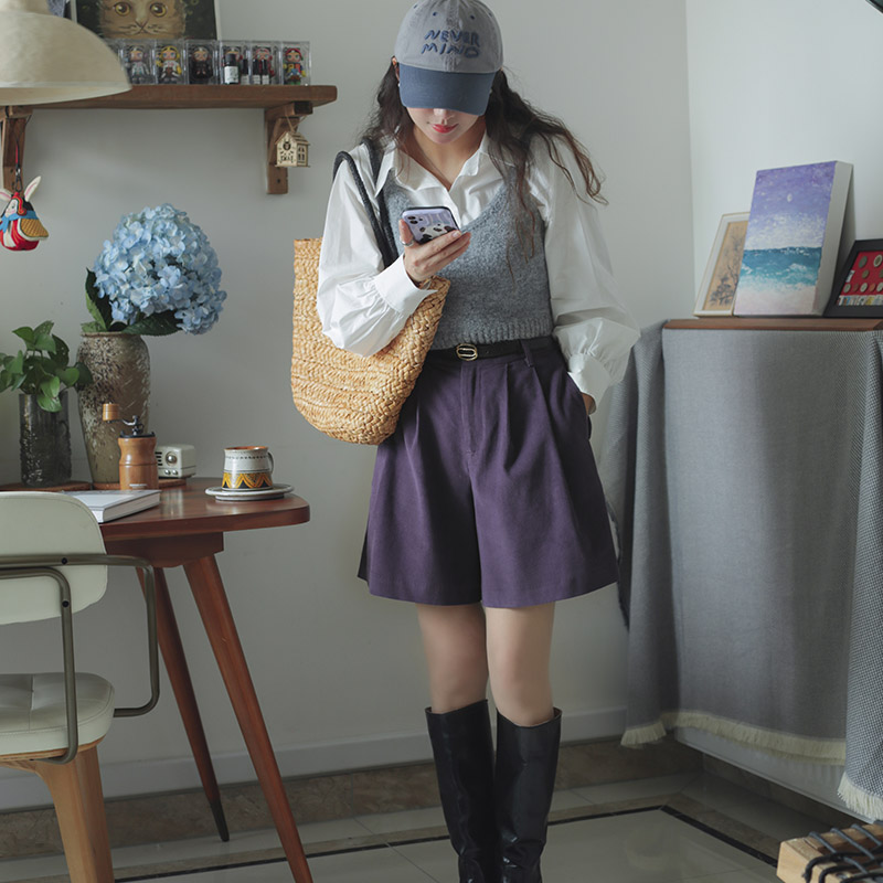 高腰韩系耳语短裤灯芯绒靴裤